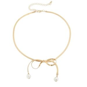 ✨ Charming Bow & Imitation Pearl Herringbone Choker Necklace: Vintage Gl…